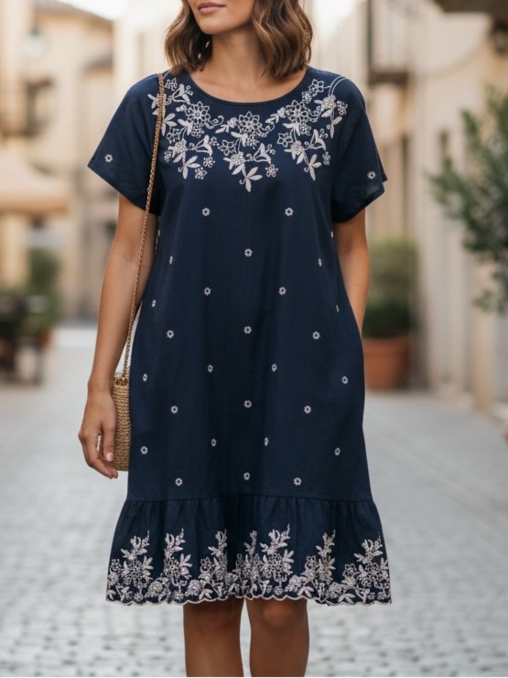 J. Jill Navy Short-Sleeve Embroidered Midi Dress